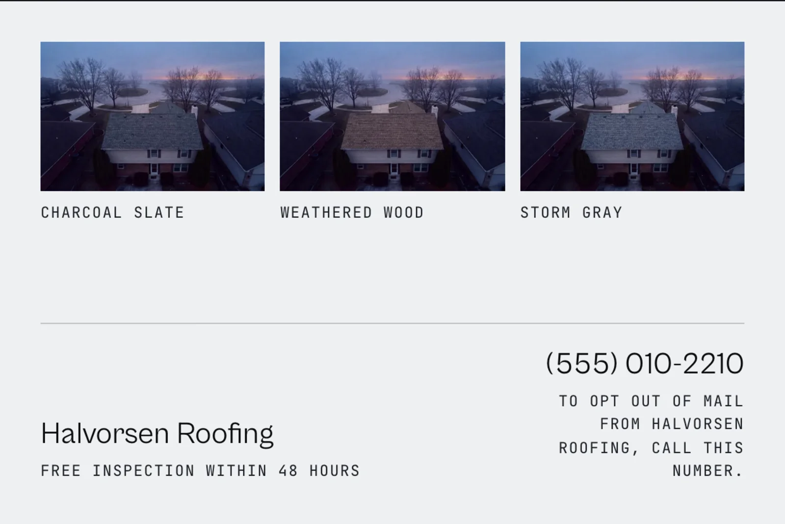 Brochure back showing three roof options on the same house and the roofer's phone number.